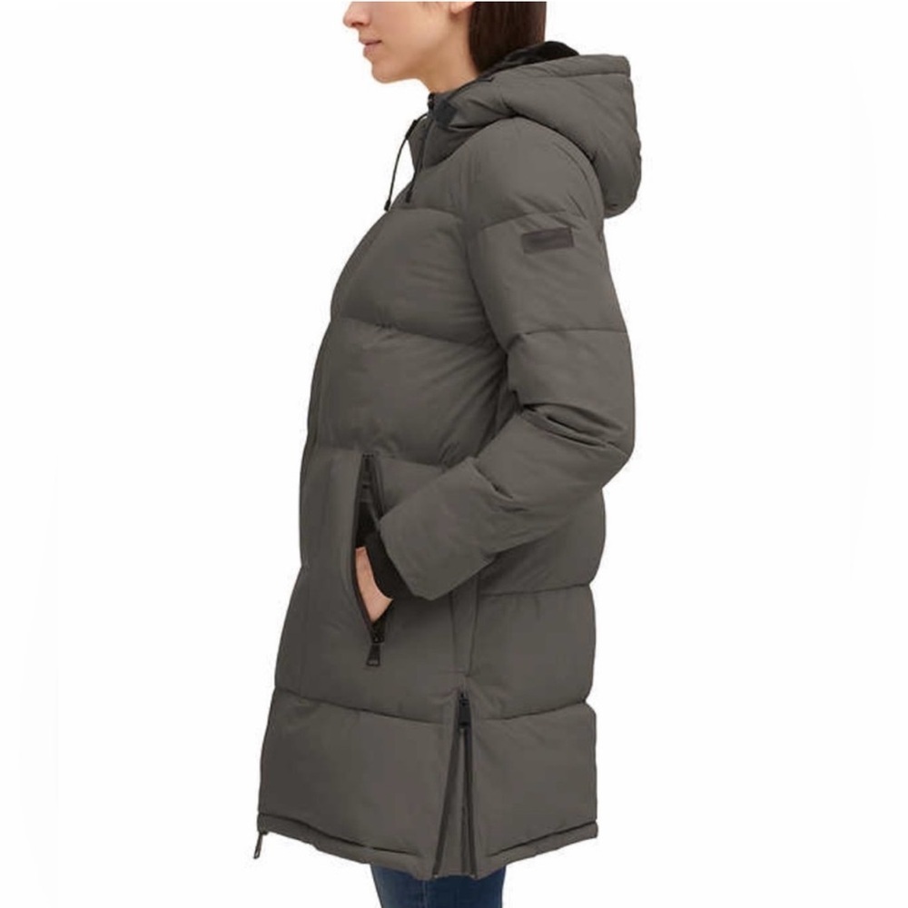 Women’s DKNY Gray Hooded Puffer Coat Thumbhole Cuffs Size XL Ski Winter Cozy - Picture 11 of 16
